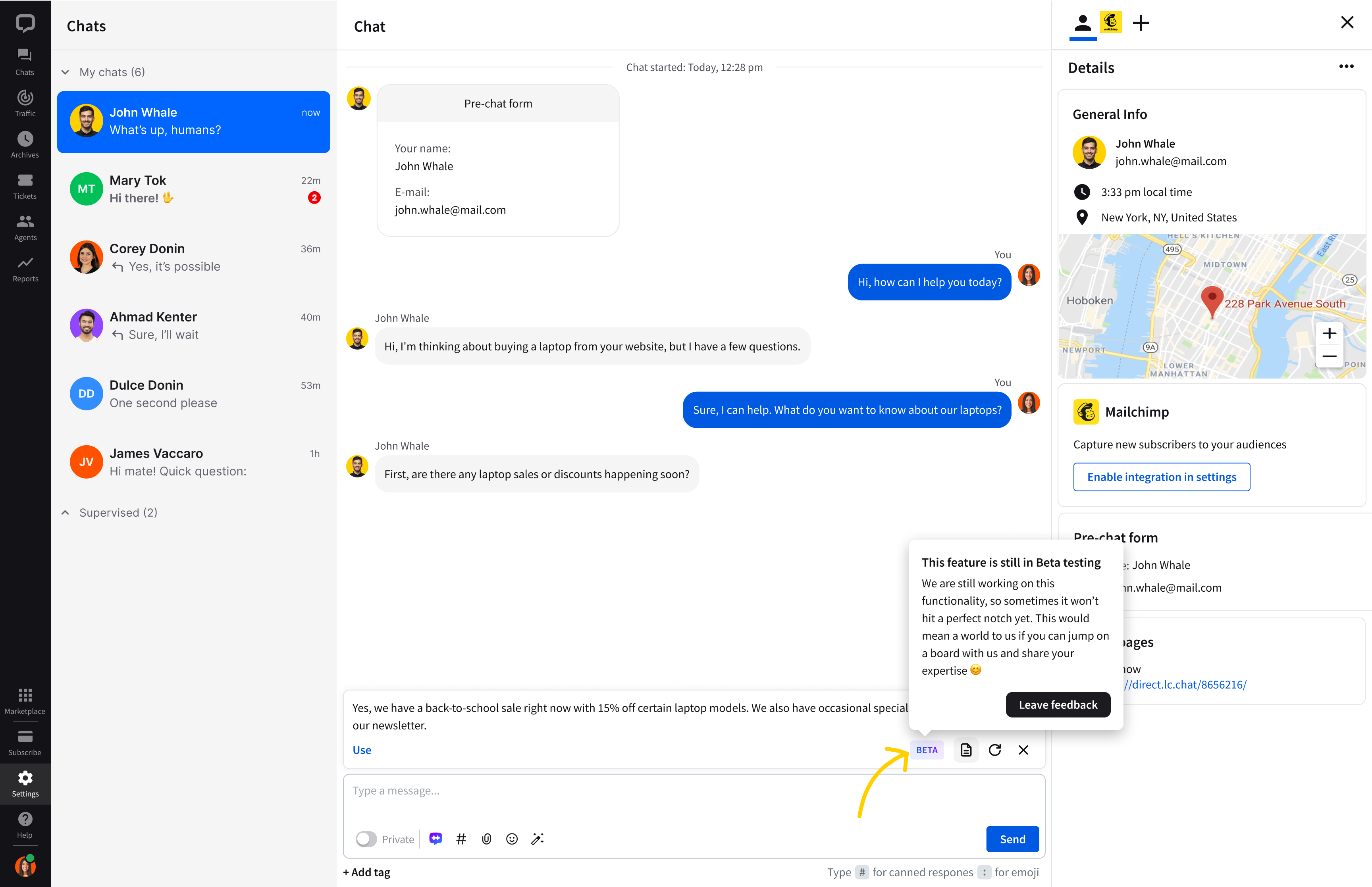 The chats view of the LiveChat Agent App with the expanded beta test tool tip.